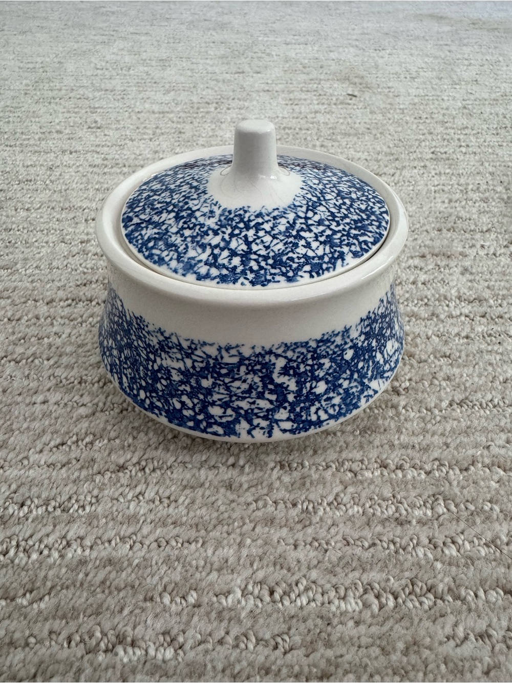 Vintage JCPenney Odyssey Ironstone Covered Sugar Bowl Blue Spongeware Japan